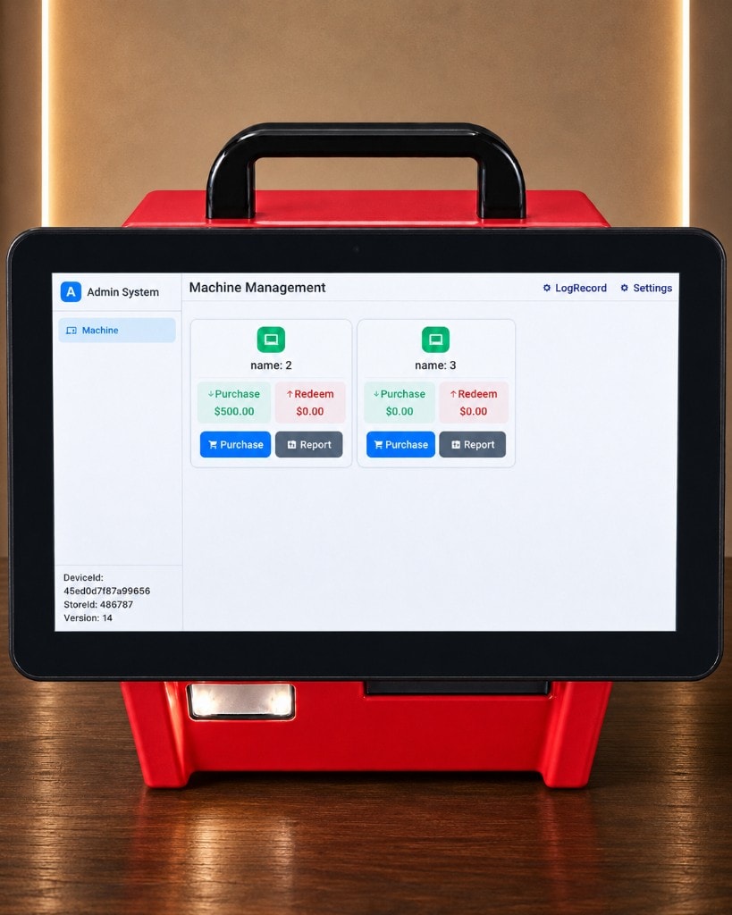Counter kiosk with touchscreen machine-management dashboard for purchases and redemptions